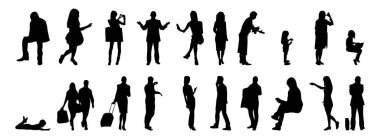 Vektör siluetleri, insanların ana hatları, Contour çizimleri, insanların siluetleri, ikon kümesi izole edilmiş, oturan insanların silueti, mimari set
