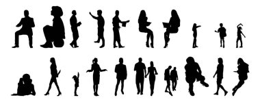 Vektör siluetleri, insanların ana hatları, Contour çizimleri, insanların siluetleri, ikon kümesi izole edilmiş, oturan insanların silueti, mimari set
