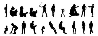 Vektör siluetleri, insanların ana hatları, Contour çizimleri, insanların siluetleri, ikon kümesi izole edilmiş, oturan insanların silueti, mimari set