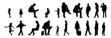 Vektör siluetleri, insanların ana hatları, Contour çizimleri, insanların siluetleri, ikon kümesi izole edilmiş, oturan insanların silueti, mimari set