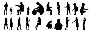 Vektör siluetleri, insanların ana hatları, Contour çizimleri, insanların siluetleri, ikon kümesi izole edilmiş, oturan insanların silueti, mimari set