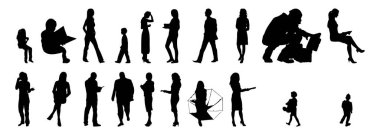 Vektör siluetleri, insanların ana hatları, Contour çizimleri, insanların siluetleri, ikon kümesi izole edilmiş, oturan insanların silueti, mimari set