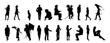 Vektör siluetleri, insanların ana hatları, Contour çizimleri, insanların siluetleri, ikon kümesi izole edilmiş, oturan insanların silueti, mimari set