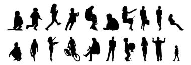 Vektör siluetleri, insanların ana hatları, Contour çizimleri, insanların siluetleri, ikon kümesi izole edilmiş, oturan insanların silueti, mimari set