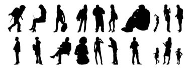 Vektör siluetleri, insanların ana hatları, Contour çizimleri, insanların siluetleri, ikon kümesi izole edilmiş, oturan insanların silueti, mimari set