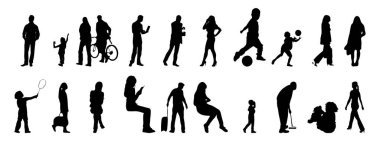 Vektör siluetleri, insanların ana hatları, Contour çizimleri, insanların siluetleri, ikon kümesi izole edilmiş, oturan insanların silueti, mimari set