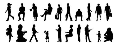 Vektör siluetleri, insanların ana hatları, Contour çizimleri, insanların siluetleri, ikon kümesi izole edilmiş, oturan insanların silueti, mimari set