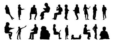 Vektör siluetleri, insanların ana hatları, Contour çizimleri, insanların siluetleri, ikon kümesi izole edilmiş, oturan insanların silueti, mimari set