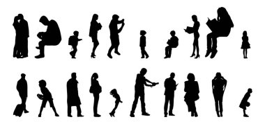 Vektör siluetleri, insanların ana hatları, Contour çizimleri, insanların siluetleri, ikon kümesi izole edilmiş, oturan insanların silueti, mimari set