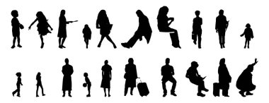 Vektör siluetleri, insanların ana hatları, Contour çizimleri, insanların siluetleri, ikon kümesi izole edilmiş, oturan insanların silueti, mimari set