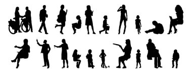 Vektör siluetleri, insanların ana hatları, Contour çizimleri, insanların siluetleri, ikon kümesi izole edilmiş, oturan insanların silueti, mimari set
