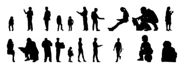 Vektör siluetleri, insanların ana hatları, Contour çizimleri, insanların siluetleri, ikon kümesi izole edilmiş, oturan insanların silueti, mimari set