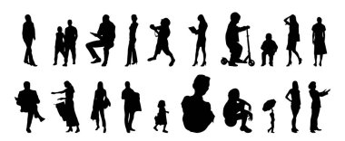 Vektör siluetleri, insanların ana hatları, Contour çizimleri, insanların siluetleri, ikon kümesi izole edilmiş, oturan insanların silueti, mimari set