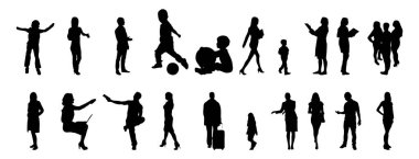 Vektör siluetleri, insanların ana hatları, Contour çizimleri, insanların siluetleri, ikon kümesi izole edilmiş, oturan insanların silueti, mimari set
