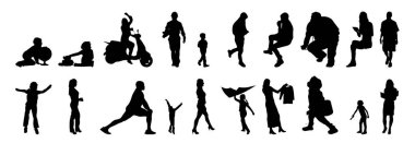 Vektör siluetleri, insanların ana hatları, Contour çizimleri, insanların siluetleri, ikon kümesi izole edilmiş, oturan insanların silueti, mimari set