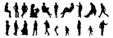 Vektör siluetleri, insanların ana hatları, Contour çizimleri, insanların siluetleri, ikon kümesi izole edilmiş, oturan insanların silueti, mimari set