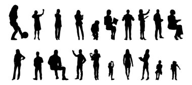 Vektör siluetleri, insanların ana hatları, Contour çizimleri, insanların siluetleri, ikon kümesi izole edilmiş, oturan insanların silueti, mimari set