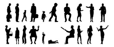 Vektör siluetleri, insanların ana hatları, Contour çizimleri, insanların siluetleri, ikon kümesi izole edilmiş, oturan insanların silueti, mimari set