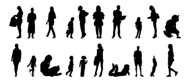 Vektör siluetleri, insanların ana hatları, Contour çizimleri, insanların siluetleri, ikon kümesi izole edilmiş, oturan insanların silueti, mimari set
