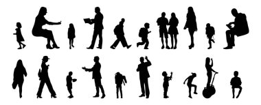 Vektör siluetleri, insanların ana hatları, Contour çizimleri, insanların siluetleri, ikon kümesi izole edilmiş, oturan insanların silueti, mimari set