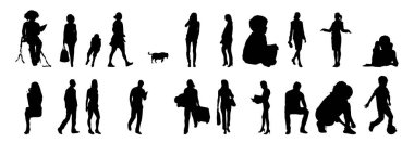 Vektör siluetleri, insanların ana hatları, Contour çizimleri, insanların siluetleri, ikon kümesi izole edilmiş, oturan insanların silueti, mimari set