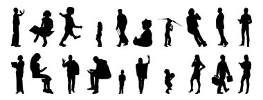 Vektör siluetleri, insanların ana hatları, Contour çizimleri, insanların siluetleri, ikon kümesi izole edilmiş, oturan insanların silueti, mimari set