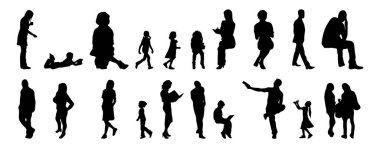 Vektör siluetleri, insanların ana hatları, Contour çizimleri, insanların siluetleri, ikon kümesi izole edilmiş, oturan insanların silueti, mimari set