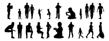 Vektör siluetleri, insanların ana hatları, Contour çizimleri, insanların siluetleri, ikon kümesi izole edilmiş, oturan insanların silueti, mimari set