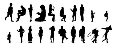 Vektör siluetleri, insanların ana hatları, Contour çizimleri, insanların siluetleri, ikon kümesi izole edilmiş, oturan insanların silueti, mimari set
