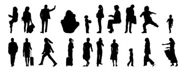 Vektör siluetleri, insanların ana hatları, Contour çizimleri, insanların siluetleri, ikon kümesi izole edilmiş, oturan insanların silueti, mimari set
