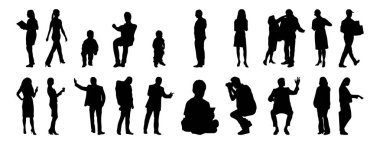 Vektör siluetleri, insanların ana hatları, Contour çizimleri, insanların siluetleri, ikon kümesi izole edilmiş, oturan insanların silueti, mimari set