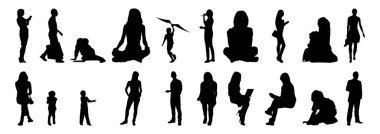 Vektör siluetleri, insanların ana hatları, Contour çizimleri, insanların siluetleri, ikon kümesi izole edilmiş, oturan insanların silueti, mimari set