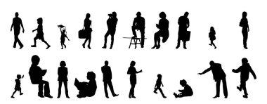 Vektör siluetleri, insanların ana hatları, Contour çizimleri, insanların siluetleri, ikon kümesi izole edilmiş, oturan insanların silueti, mimari set