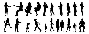 Vektör siluetleri, insanların ana hatları, Contour çizimleri, insanların siluetleri, ikon kümesi izole edilmiş, oturan insanların silueti, mimari set