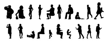 Vektör siluetleri, insanların ana hatları, Contour çizimleri, insanların siluetleri, ikon kümesi izole edilmiş, oturan insanların silueti, mimari set
