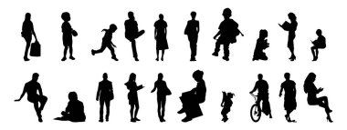 Vektör siluetleri, insanların ana hatları, Contour çizimleri, insanların siluetleri, ikon kümesi izole edilmiş, oturan insanların silueti, mimari set