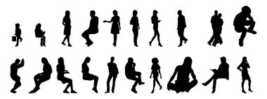 Vektör siluetleri, insanların ana hatları, Contour çizimleri, insanların siluetleri, ikon kümesi izole edilmiş, oturan insanların silueti, mimari set