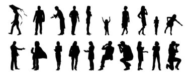 Vektör siluetleri, insanların ana hatları, Contour çizimleri, insanların siluetleri, ikon kümesi izole edilmiş, oturan insanların silueti, mimari set