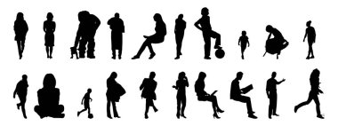 Vektör siluetleri, insanların ana hatları, Contour çizimleri, insanların siluetleri, ikon kümesi izole edilmiş, oturan insanların silueti, mimari set