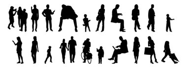 Vektör siluetleri, insanların ana hatları, Contour çizimleri, insanların siluetleri, ikon kümesi izole edilmiş, oturan insanların silueti, mimari set