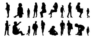 Vektör siluetleri, insanların ana hatları, Contour çizimleri, insanların siluetleri, ikon kümesi izole edilmiş, oturan insanların silueti, mimari set