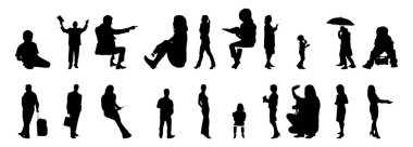 Vektör siluetleri, insanların ana hatları, Contour çizimleri, insanların siluetleri, ikon kümesi izole edilmiş, oturan insanların silueti, mimari set