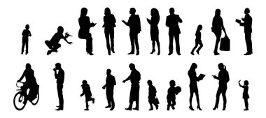 Vektör siluetleri, insanların ana hatları, Contour çizimleri, insanların siluetleri, ikon kümesi izole edilmiş, oturan insanların silueti, mimari set