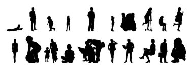 Vektör siluetleri, insanların ana hatları, Contour çizimleri, insanların siluetleri, ikon kümesi izole edilmiş, oturan insanların silueti, mimari set
