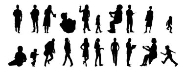 Vektör siluetleri, insanların ana hatları, Contour çizimleri, insanların siluetleri, ikon kümesi izole edilmiş, oturan insanların silueti, mimari set