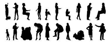 Vektör siluetleri, insanların ana hatları, Contour çizimleri, insanların siluetleri, ikon kümesi izole edilmiş, oturan insanların silueti, mimari set