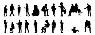 Vektör siluetleri, insanların ana hatları, Contour çizimleri, insanların siluetleri, ikon kümesi izole edilmiş, oturan insanların silueti, mimari set