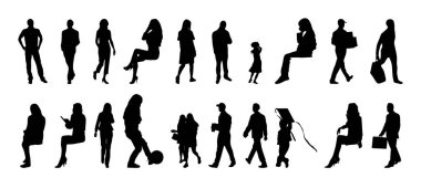 Vektör siluetleri, insanların ana hatları, Contour çizimleri, insanların siluetleri, ikon kümesi izole edilmiş, oturan insanların silueti, mimari set