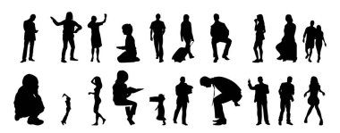 Vektör siluetleri, insanların ana hatları, Contour çizimleri, insanların siluetleri, ikon kümesi izole edilmiş, oturan insanların silueti, mimari set