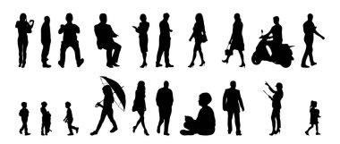 Vektör siluetleri, insanların ana hatları, Contour çizimleri, insanların siluetleri, ikon kümesi izole edilmiş, oturan insanların silueti, mimari set